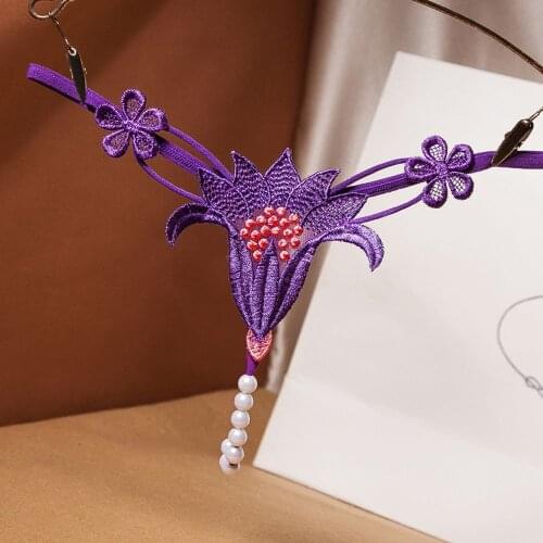 Sexy Hot Pearl Beading Massage Lingerie Thong Slim Flower Shape Hollow Out Low Waist Underwear G-String Elastic Temptation Brief