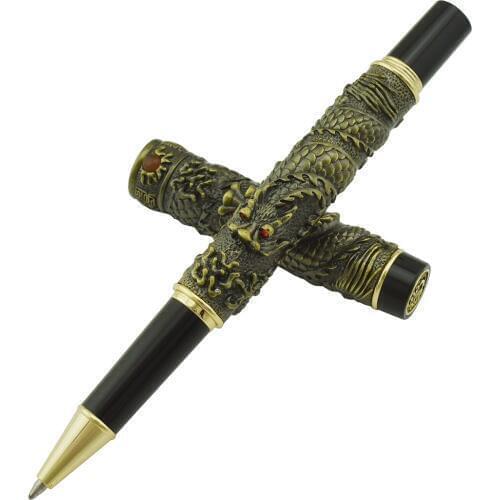 Jinhao Vintage Luxurious Bronze Rollerball Pen Small Double Dragon Playing Pearl, Metal Carving Embossing Heavy Collection Pen