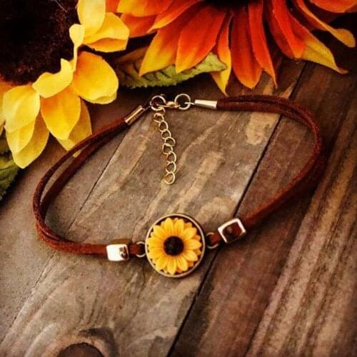Vintage Sunflower Bracelet Handmade PU Leather Rope Quote Wish Bracelet Sister Love Friendship Bracelets For Women Gift