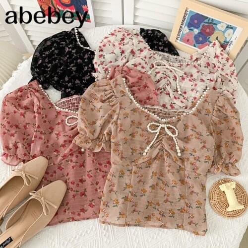 Sweet versatile square collar puff sleeve Shirt pearl bow ruched waist Floral Chiffon Shirt Top 2021 New Summer Women