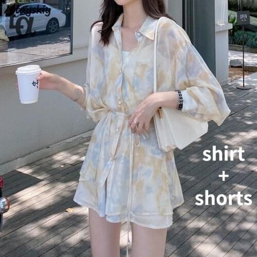 Luck A 2 Pieces Sets Women Outfits Summer Sun-proof Chiffon All-match Tie Dye Loose Casual Shorts Street Ulzzang Fashion College