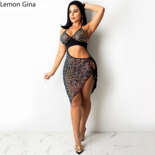 Lemon Gina Women Sexy Dress Sequins Halter Asymmetrical Hollow Out Midi Dresses Night Club Party Vestidos Fashion Outfits Summer