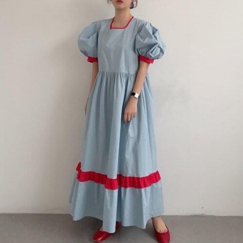 Contrast Color Dress Women 2021 Summer Square Collar High Waist Puff Short Sleeve Long Dresses Korean Fashion Kawaii Female Robe