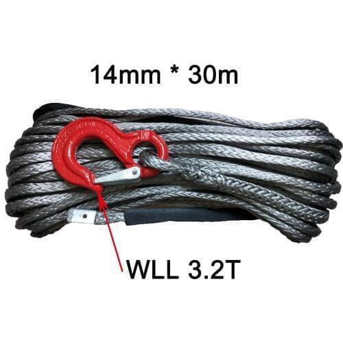 14mm x 30m synthetic Plasma UHMWPE winch line rope cable with hook
