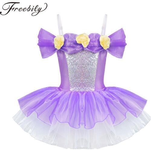 Teen Girls Sequin Off Shoulder Princess Flower Ballet Tutu Dress Gymnastics Leotard Ballerina Dance Kids Birthday Party Dress