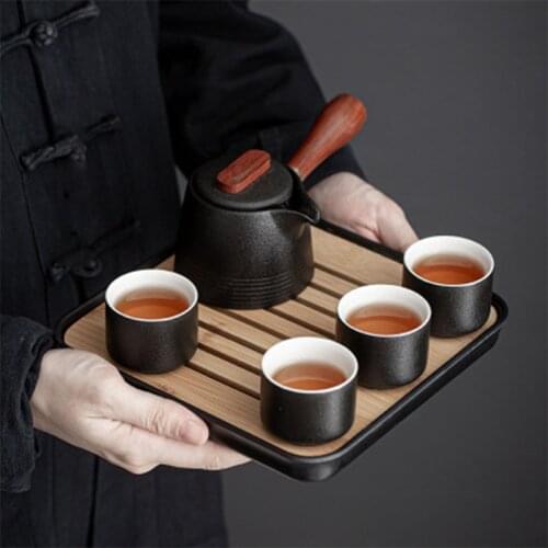 Black Pottery Tea Set Side Handle Pot One Pot Four Cups Household Kung Fu Tea Set Japanese Ceramic Tea Set Business Gift