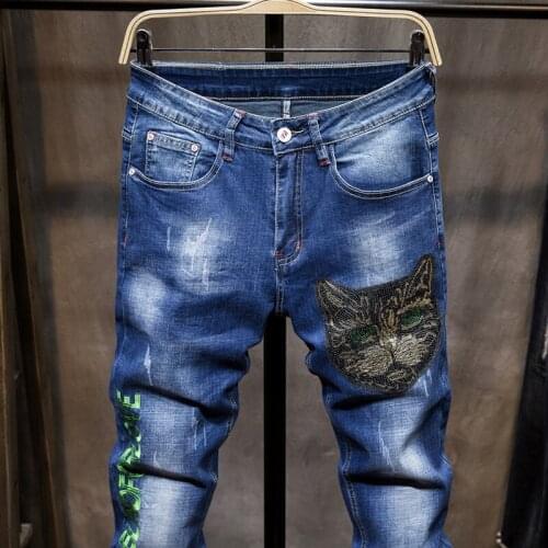 Embroidery Jeans Men Slim Pencil Pants New Fashion Pattern Stretch Frayed Denim Trousers Male Streetwear Casual Biker Jeans