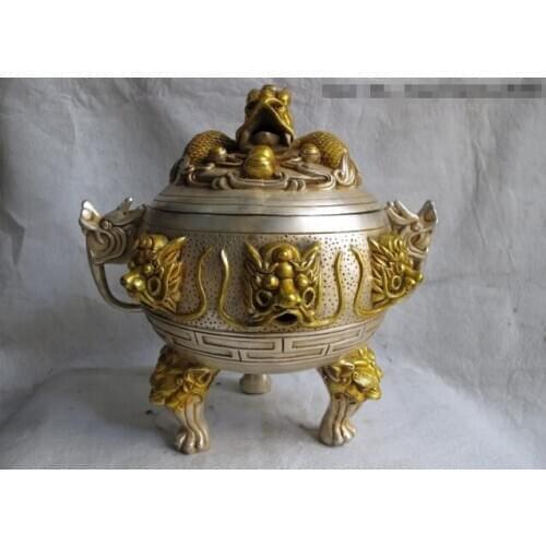 Song voge gem S0449 Chinese White Copper Silver Gilt Buddhism Six Dragon Head incense burner Censer