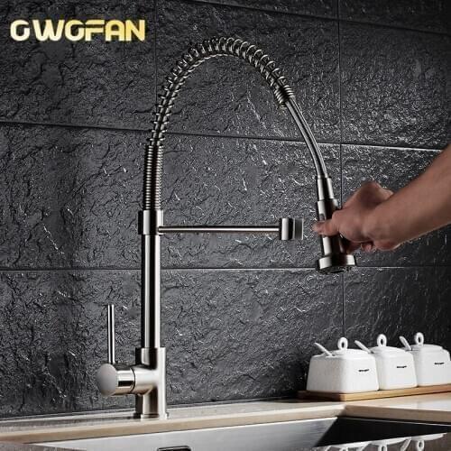 Kitchen Faucets Brush Brass Faucets for Kitchen Sink Single Lever Pull Out Spring Spout Mixers Tap Hot Cold Water Crane N22-059