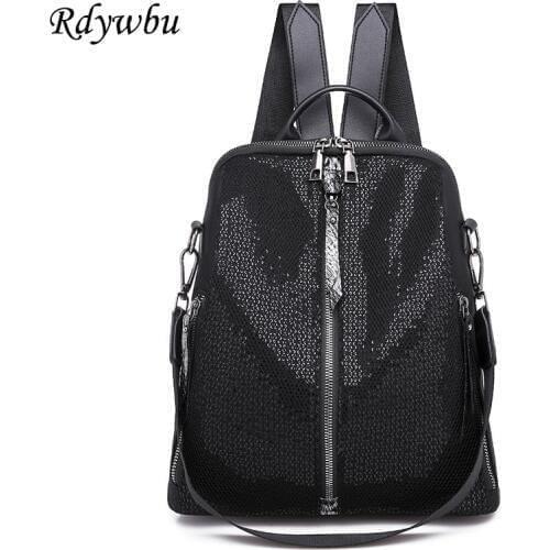 Rdywbu Multifunction New Sequins Backpack Girls Fashion Bling Rucksack Students Black Glitter School Bag Zippered Mochilas B361