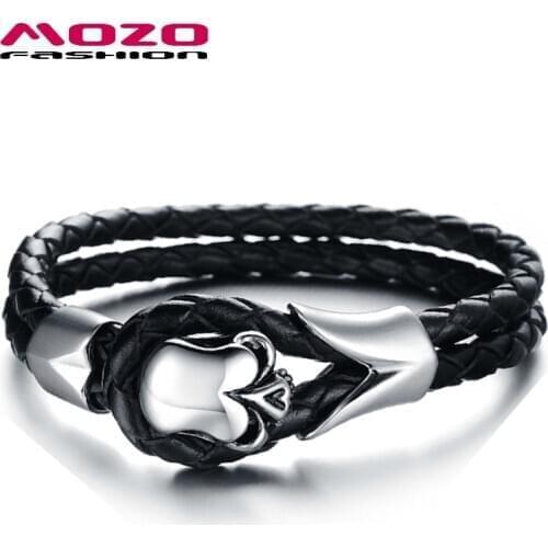 Fashion Bangle Men Skeleton Black Double Layer Leather Rope Chain Bracelets Stainless Steel Punk Skull Jewelry PS1017