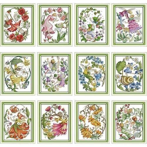 12 month flower fairy series Counting cross stitch kit DMC handmade embroidery set 11CT 14CT canvas print fabric DIY needlework