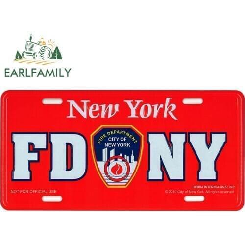EARLFAMILY 13cm x 7.5cm Auto Car Sticker for New York License Plate FDNY Graphics Decals Trunk Bumper Decor Car Accessories
