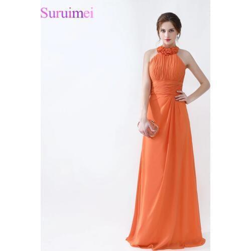 Orange Bridesmaid Dresses Cheap Floor Length Pleated Peach Color Chiffon On Sale Halter Bridesmaid Dresses