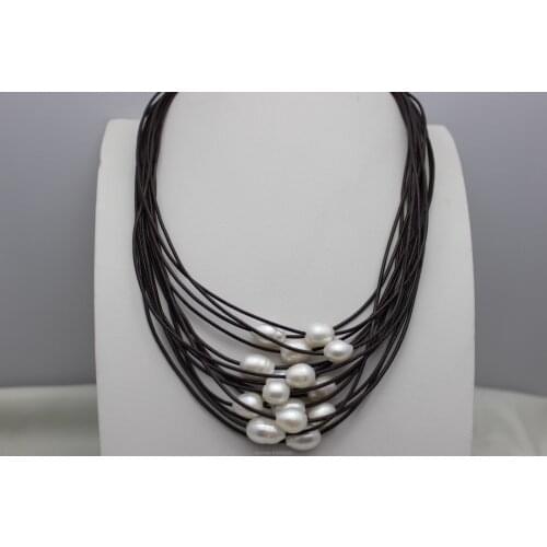 15strands Brown leather and pearls necklace 9X12mm 45cm