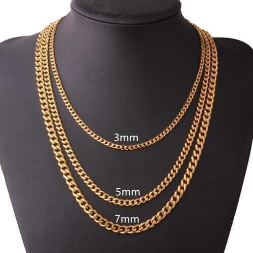 Hip Hop Style Curb Cuban Mens Necklace Chain Charming Gold Color Stainless Steel Necklaces for Women Men Fashion Jewelry 3/5/7mm