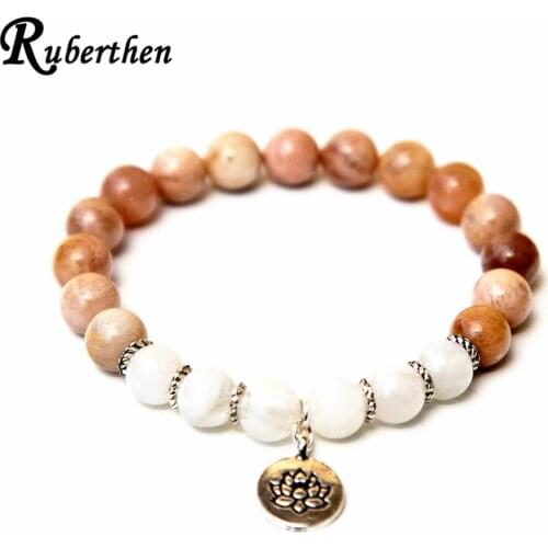 Ruberthen Fashion Women`s Lotus Charm Mala Bracelet A Grade Sunstone and Moonstone Yoga Bracelet Spiritual Balance Bracelet
