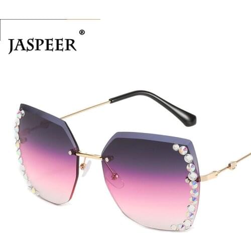 JASPEER Crystal Rimless Sun Glasses Women Luxury Diamond Sunglasses Shiny Rhinestone Gradient Shades Square Eyewear UV400