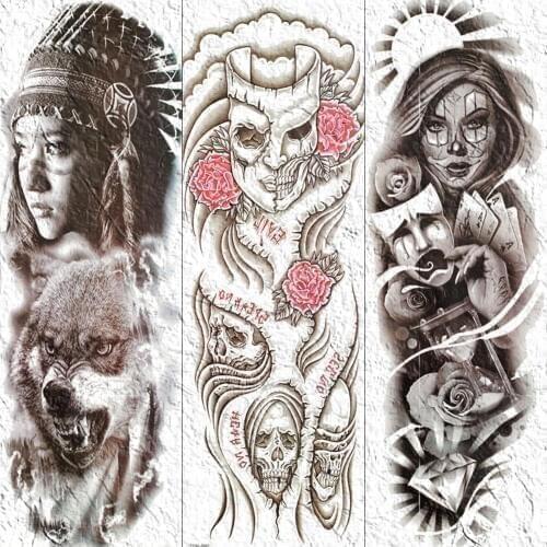 YURAN Mysterious Mask Women Temporary Tattoos Waterproof Full Arm Skull Tatoo Decals Body Art Drawing Fake Skull Tattoo Sticker