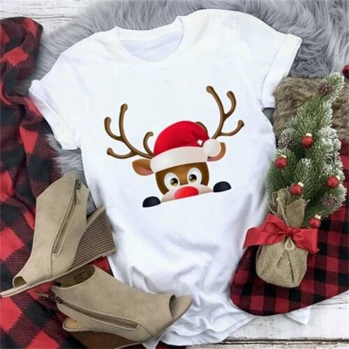 Womens T-shirt Christmas New Cute Reindeer T Shirt Women Fashion Harajuku 90s Graphic T-shirt Short Sleeve White T-shirt Tops