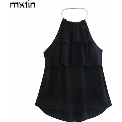 MXTIN 2021 Women Summer Vintage Solid Beading Overlapping Tank Tops Fashion Sleeveless Backless Slim Casual Camis Chic Tops