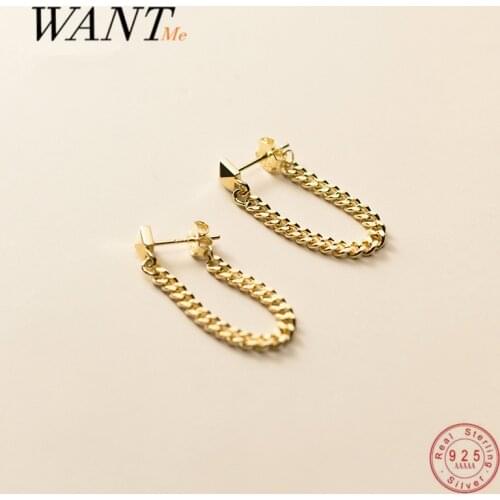 WANTME Genuine 925 Sterling Silver Tassel Punk Hip Hop Cuban Link Chain Stud Earrings for Women Men Rock Pair Charming Jewelry