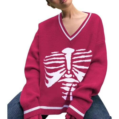 Y2K Womens V Halloween Skull Neck Sweaters Classic Long Sleeve Skeleton Print Loose Fit Knitted Tops