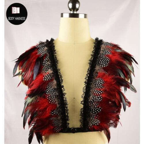 New Colorful Feather Body Harness Harajuku Feather Harness Sexy Bondage Lingerie Crop Top Wing Open Chest Cage Bra