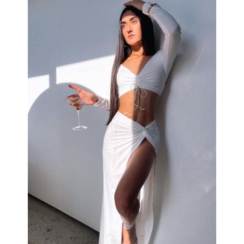 Hirigin 2 Pcs Women Solid Color Outfits Cover Dress Adults Ruched Tie-up V-neck Long Sleeve Crop Tops + Twist Knot Swim Skirt