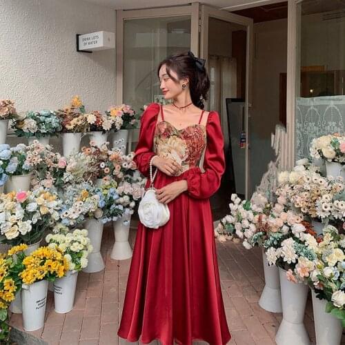 JuneLove Autumn Winter New Oil Painting Square Collar Vintage Streetwear Puff-Sleeve Mid Dress Print Floral Patchwork Vestidos