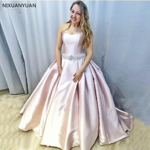 Simple Blush Pink Wedding Dresses Strapless Crystal Beading Sashes Lace Up Back Satin Bridal Gowns Vestido De Novia