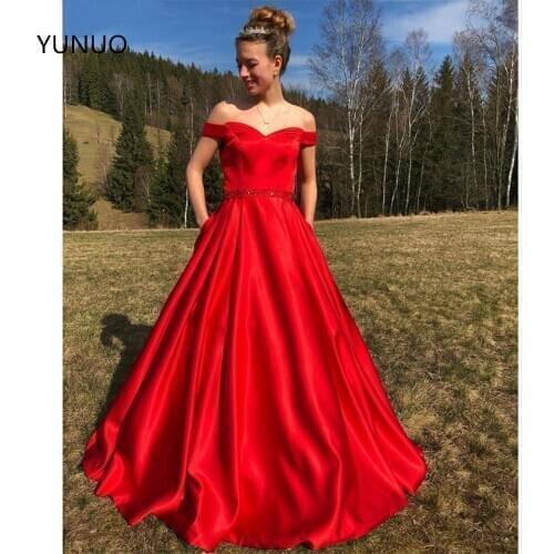 YUNUO Vestido De Festa A-line Long Evening Dresses Elegant Off Shoulder Prom Dress Crystal Belt Robe De Soiree With Pockets
