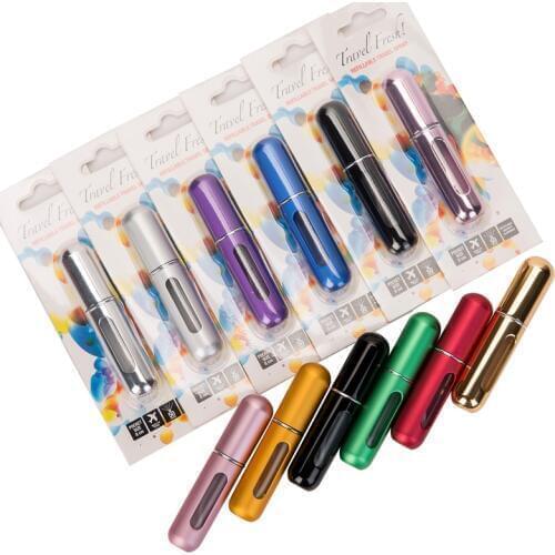 10pcs 5ml Refillable Mini Perfume Spray Bottle with Blister Card Aluminum Spray Atomizer Perfume Bottle with Package Box Travel