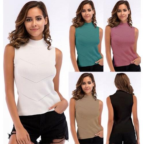 2021 Fashional Women Mutil Solid Color Knitted Slim Top Sleeveless Stretable Round Neck Band Collar
