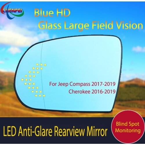 Large View Blue Mirror Electrically Heated Rearview Mirror With LED Turn Indicator For Jeep Compass 2017-2019 Cherokee 2016-2019