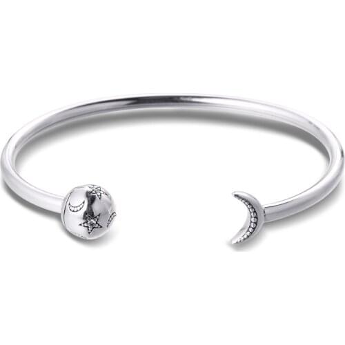 CKK Bracelet Sterling Silver 925 Moon & Stars Open Bangle For Women Pulseira Feminina Masculina Pulseras Mujer Moda