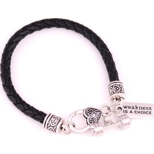 Charm Bracelet For Women Men Sporty Pendant Weightlifting Barbell Shape Charm Weakness IS A CHOICE Sign Provide Dropshipping