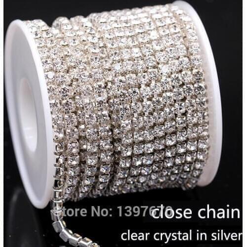 1Yards/lot ss6-ss18 dense Crystal rhinestone chain close crystal in silver Sew on Cup chain for clothing ornament accessories