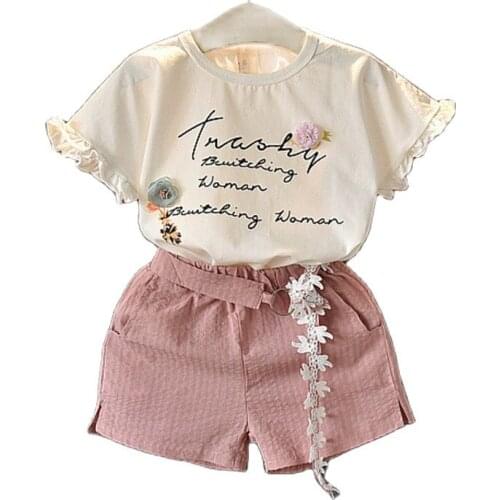 Childrens suit summer 2021 girl fashion flower suit new Korean girl fashion short-sleeved T-shirt shorts two-piece suit