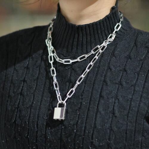 Double layer Lock Chain necklace punk 80s 90s link chain серабро Gold padlock pendant necklace for women fashion gothic jewelry