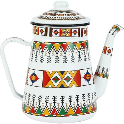 Vintage Style Enamel Teapot White and Black Grid Coffee Pot Middle East Tea Kettle Wine Milk Mug 1.2L