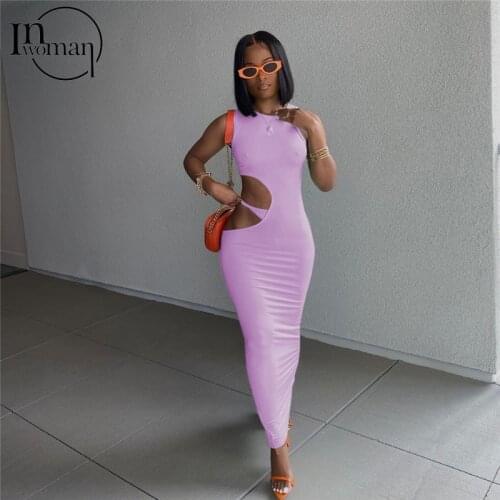 INWOMAN Bodycon Summer Wrap Dress Women Sleeveless Hollow Out Maxi Dress 2021 Black White Red Ladies Sexy Party Pencil Dresses