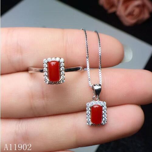 KJJEAXCMY boutique jewels 925 sterling silver inlaid natural gemstone red coral ladies necklace pendant ring set support inspect