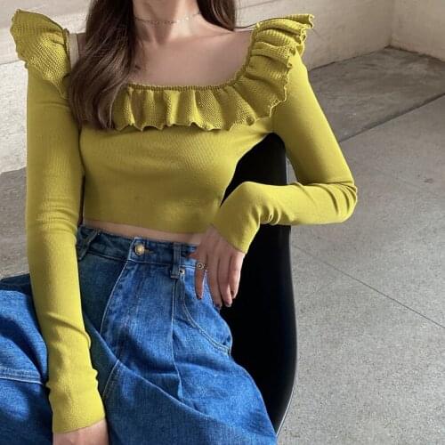 Nomikuma Korean Slim Short Pullover Knitwear Vintage Square Collar Ruffle Knitted Tops 2020 Autumn Crop Top Women Sweater 6C372