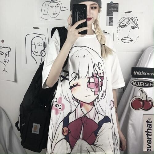 Summer Japanese Kawaii Short-sleeved Shirt Female Student Korean Loose Lazy Harajuku Cute Girl Cartoon Shirt Top Plus Size