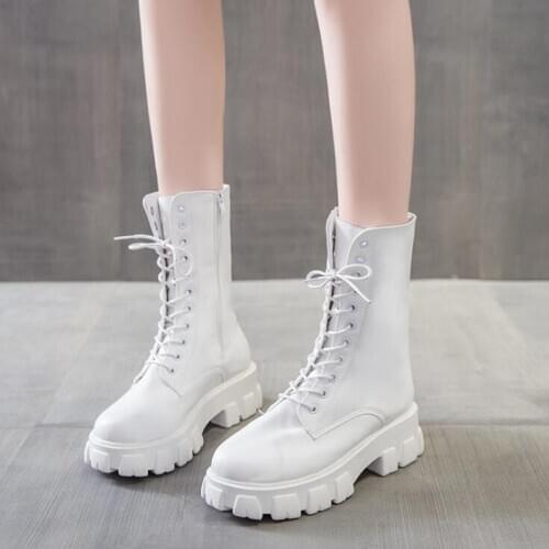 Fashion Women Cross Strap PU Leather Boots femmes bottes High Boots Ladies Thick Sole Platform Botas Mujer Martin boots