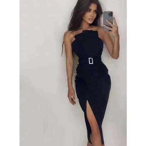 2021 new fashion female summer chic new bandage dress design sexy belt split strapless celebrity party club mid-length dress