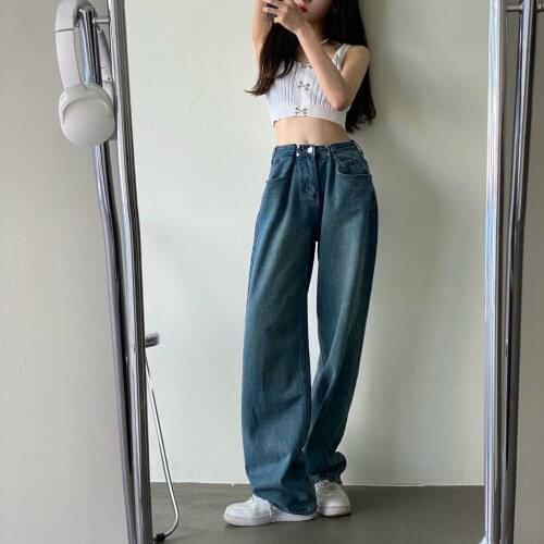 2021 New Solid Color Adjustable Straight-leg Pants Casual Loose Slim Fashion Jean Baggy Streetwear Korean Women Bottoms Trousers