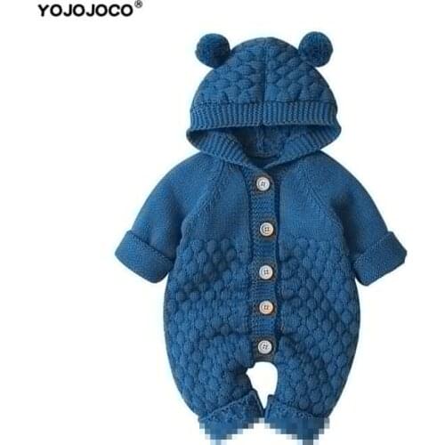 Baby clothes newborn jumpsuit for autumn and winter warm knit sweater jumpsuit solid color hooded romper baby knitted romper
