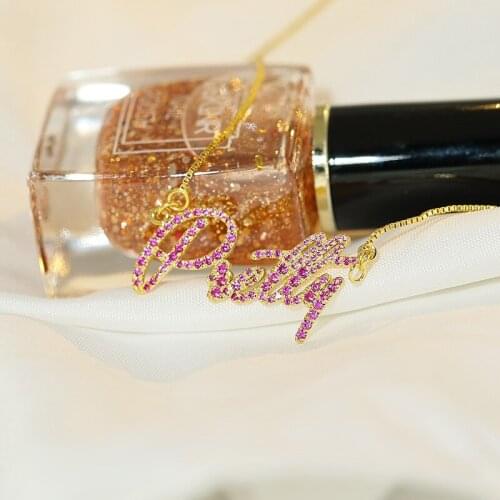 Pink Full Zircon Name Necklace Custom Ur Color Zircon Nameplate Nekclace Cystal Name Pendant 925 Silver Jelwery Women Gifts